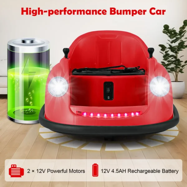 12 v elektrische botsauto voor kinderen op batterijen afstandsbediening led lampjes muziek 360° draaibaar speelgoedauto rood 7