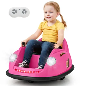 12 v elektrische botsauto voor kinderen op batterijen afstandsbediening led lampjes muziek 360° draaibaar speelgoedauto roze 1