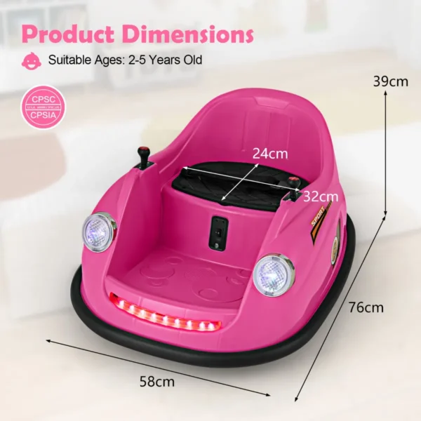 12 v elektrische botsauto voor kinderen op batterijen afstandsbediening led lampjes muziek 360° draaibaar speelgoedauto roze 3
