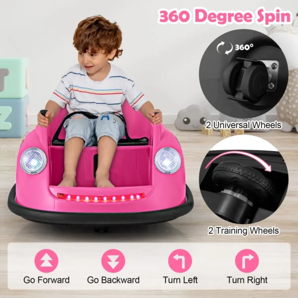 12 v elektrische botsauto voor kinderen op batterijen afstandsbediening led lampjes muziek 360° draaibaar speelgoedauto roze 4