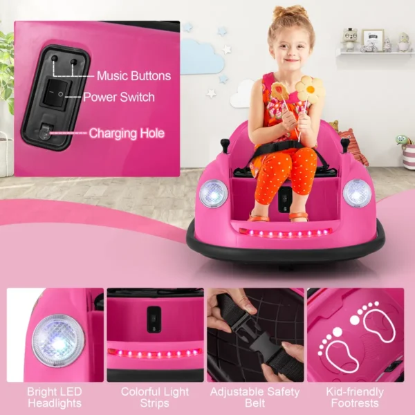 12 v elektrische botsauto voor kinderen op batterijen afstandsbediening led lampjes muziek 360° draaibaar speelgoedauto roze 6
