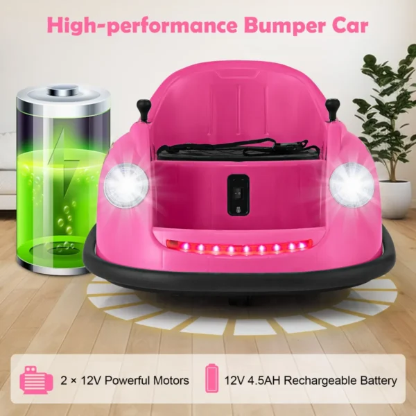 12 v elektrische botsauto voor kinderen op batterijen afstandsbediening led lampjes muziek 360° draaibaar speelgoedauto roze 7
