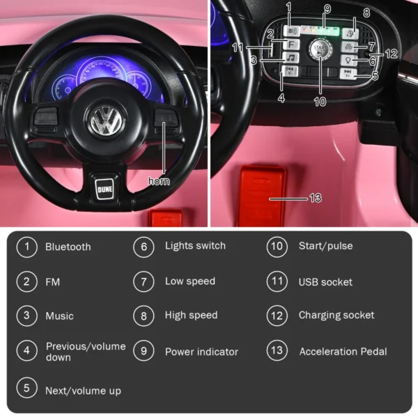 12 v elektrische kinderauto vw beetle kinderauto met muziek en 2 verlichtingsmodi incl. 2,4 g afstandsbediening (roze) 7