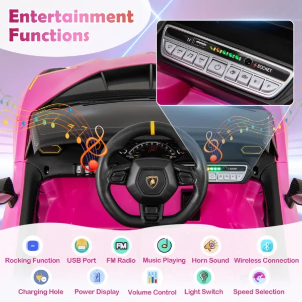 12 v gelicentieerde lamborghini kindersportwagen op batterijen afstandsbediening led verlichting audio vering 3 snelheden roze 5