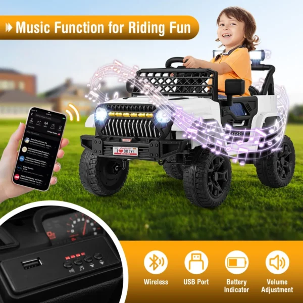 12 v kinderauto elektrisch voertuig op batterijen voor peuters afstandsbediening voor ouders 3 snelheden led lampjes muziek wit 7