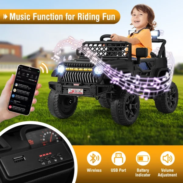 12 v kinderauto elektrisch voertuig op batterijen voor peuters afstandsbediening voor ouders 3 snelheden led lampjes muziek zwart 4