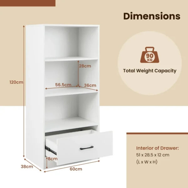 120 cm boekenkast met laden 4 niveaus opbergrek van hout staand rek (wit) 3