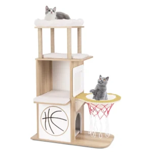 120 cm houten kattenboom met sportthema 2 niveaus 2 zitstokken hangmat basketbalhoepel jute krabpalen gevoerde kussens 1