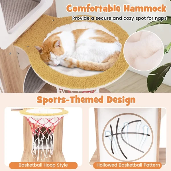 120 cm houten kattenboom met sportthema 2 niveaus 2 zitstokken hangmat basketbalhoepel jute krabpalen gevoerde kussens 7