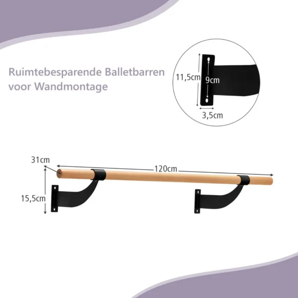 120 cm lange balletstang wandmontage dansstang van hout 38 mm diameter zwart+naturel 2