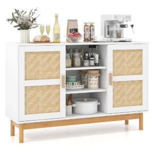 120 cm lange buffetkast dressoir met 2 bamboe stoffen deuren en 3 open planken accentconsolekast met opbergruimte wit 1