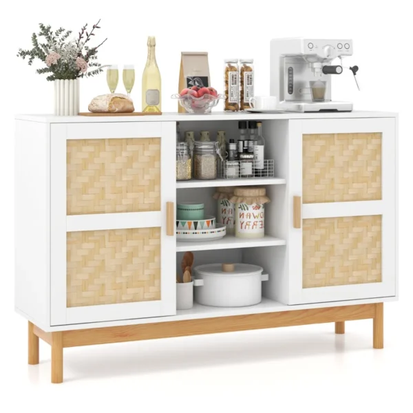 120 cm lange buffetkast dressoir met 2 bamboe stoffen deuren en 3 open planken accentconsolekast met opbergruimte wit 1