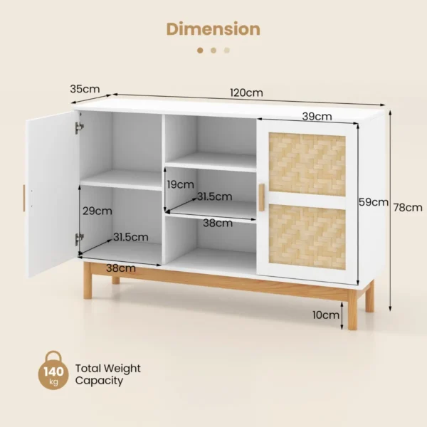 120 cm lange buffetkast dressoir met 2 bamboe stoffen deuren en 3 open planken accentconsolekast met opbergruimte wit 2