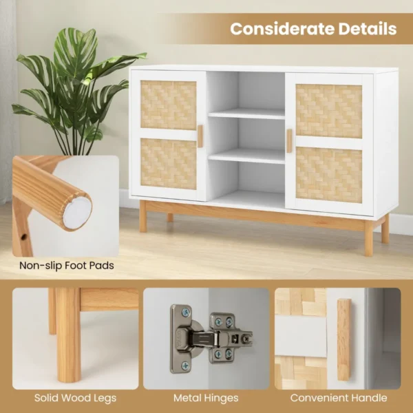 120 cm lange buffetkast dressoir met 2 bamboe stoffen deuren en 3 open planken accentconsolekast met opbergruimte wit 6