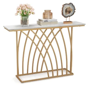 120 cm lange gouden consoletafel moderne entreetafel met wit kunstmarmeren blad en geometrische basis slanke lange banktafel 1