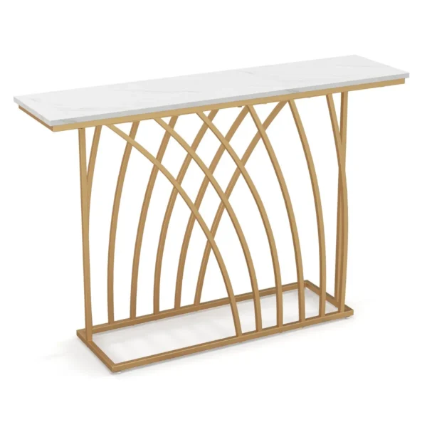 120 cm lange gouden consoletafel moderne entreetafel met wit kunstmarmeren blad en geometrische basis slanke lange banktafel 2