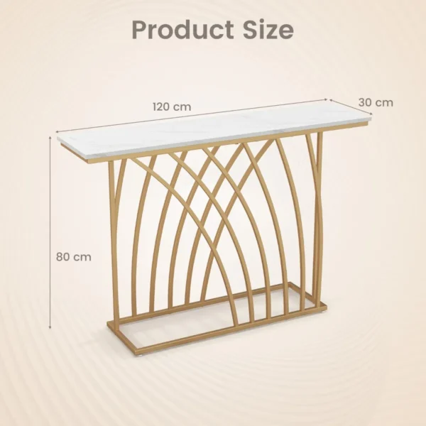 120 cm lange gouden consoletafel moderne entreetafel met wit kunstmarmeren blad en geometrische basis slanke lange banktafel 3