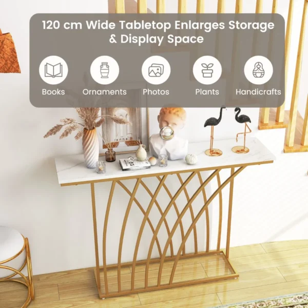 120 cm lange gouden consoletafel moderne entreetafel met wit kunstmarmeren blad en geometrische basis slanke lange banktafel 4