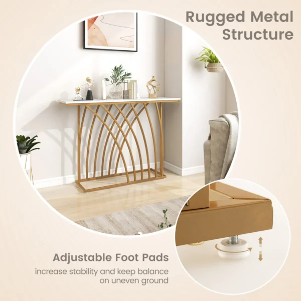 120 cm lange gouden consoletafel moderne entreetafel met wit kunstmarmeren blad en geometrische basis slanke lange banktafel 5