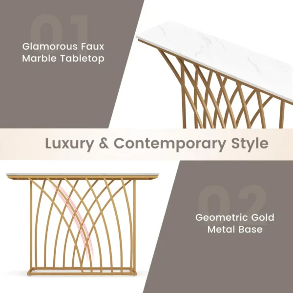 120 cm lange gouden consoletafel moderne entreetafel met wit kunstmarmeren blad en geometrische basis slanke lange banktafel 6