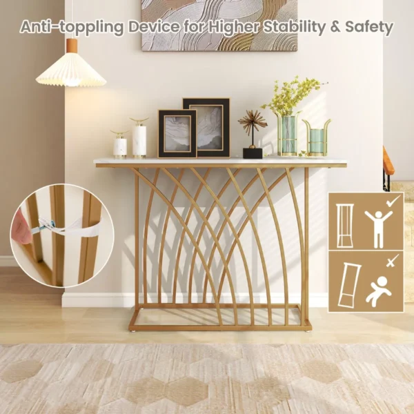 120 cm lange gouden consoletafel moderne entreetafel met wit kunstmarmeren blad en geometrische basis slanke lange banktafel 7