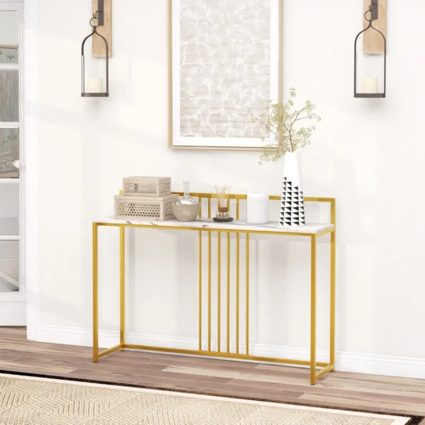 120 cm lange toegangstafel consoletafel met imitatiemarmer blad en verguld metalen onderstel moderne bijzettafel anti kantelset wit 3