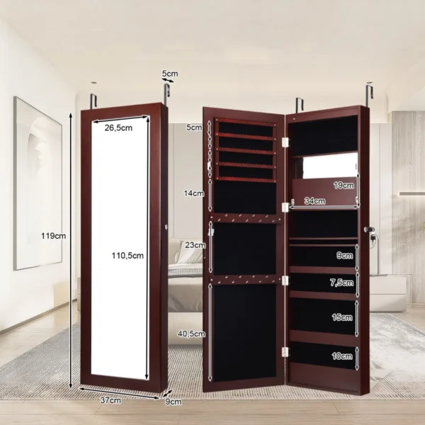 120 cm sieradenkast met spiegel en ingebouwde make upspiegel sieradenspiegelkast voor ringen kettinghaken oorbellen bruin 3