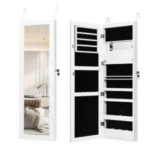 120 cm sieradenkast met volledige lengte spiegel en ingebouwde make upspiegel sieradenspiegelkast voor ringen kettinghaken oorbellen wit 1