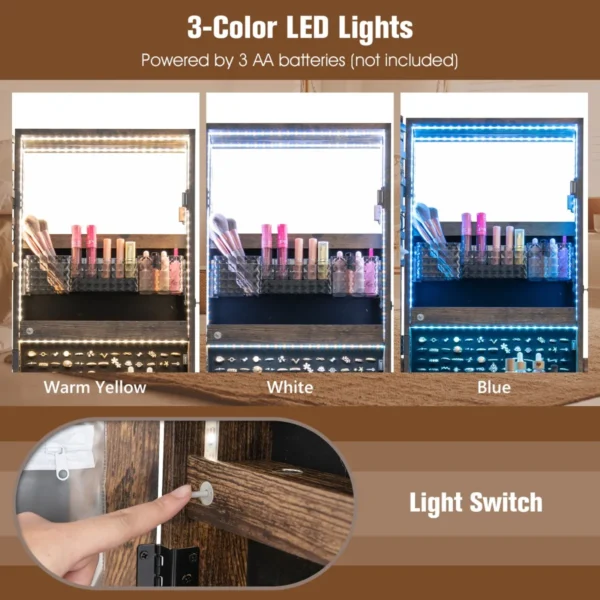 120 cm zelfdragende afsluitbare juwelenkast spiegel over de hele lengte led verlichting in 3 kleuren make upspiegel aan de binnenkant koffie 4