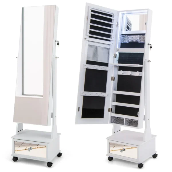 120 cm zelfdragende afsluitbare juwelenkast spiegel over de hele lengte led verlichting in 3 kleuren make upspiegel aan de binnenkant wit 2