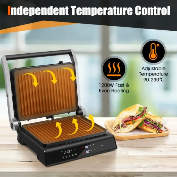 1200w 3 in 1 elektrische grillpers 4 snijders sandwichmaker met antiaanbakplaten onafhankelijke temperatuurregeling 4 uur timer 4