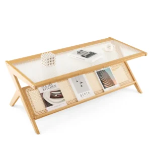 120cm salontafel van bamboe rechthoekige bijzettafel met glazen tafelblad van 120 x 56 cm kleine tafel met handgevlochten rotan opbergvak 1