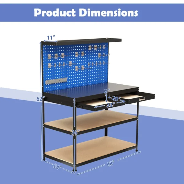 121 x 61 cm 230 kg stevige metalen werktafel met 3 geperforeerde panelen 24 ophangaccessoires voor thuis garage werkplaats donkerblauw 3