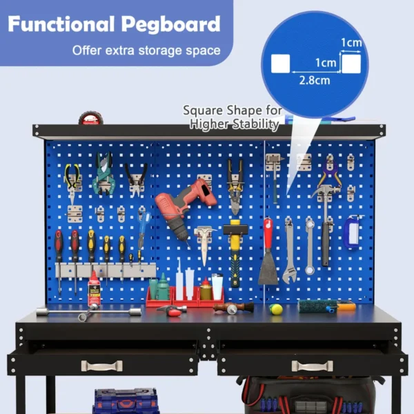 121 x 61 cm 230 kg stevige metalen werktafel met 3 geperforeerde panelen 24 ophangaccessoires voor thuis garage werkplaats donkerblauw 6