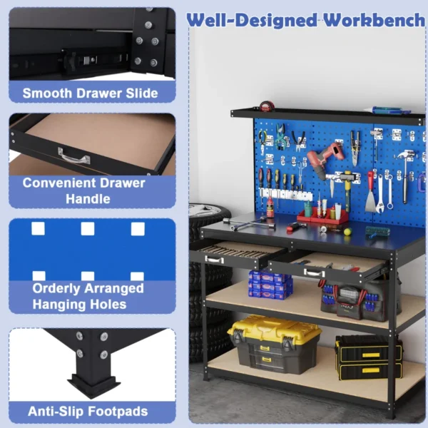 121 x 61 cm 230 kg stevige metalen werktafel met 3 geperforeerde panelen 24 ophangaccessoires voor thuis garage werkplaats donkerblauw 7