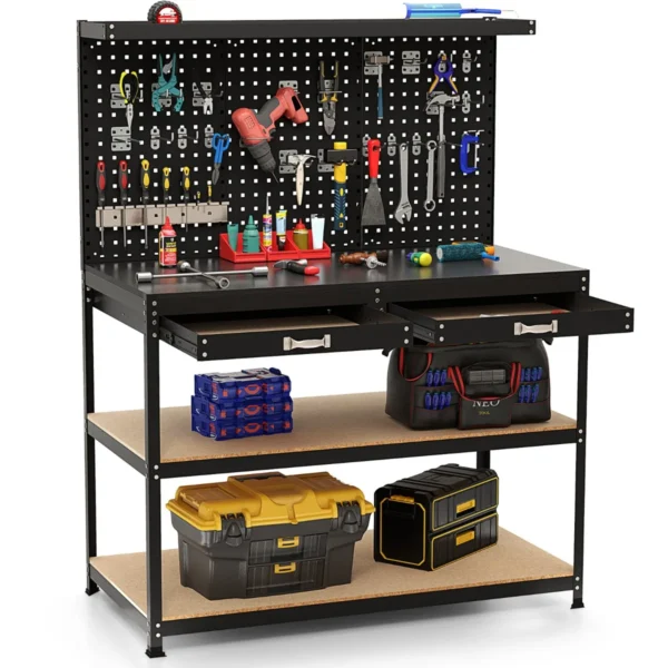 121 x 61 cm 230 kg stevige metalen werktafel met 3 geperforeerde panelen 24 ophangaccessoires voor thuis garage werkplaats zwart 1