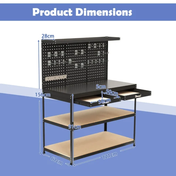 121 x 61 cm 230 kg stevige metalen werktafel met 3 geperforeerde panelen 24 ophangaccessoires voor thuis garage werkplaats zwart 3