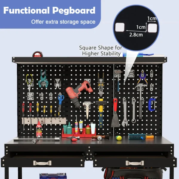 121 x 61 cm 230 kg stevige metalen werktafel met 3 geperforeerde panelen 24 ophangaccessoires voor thuis garage werkplaats zwart 5