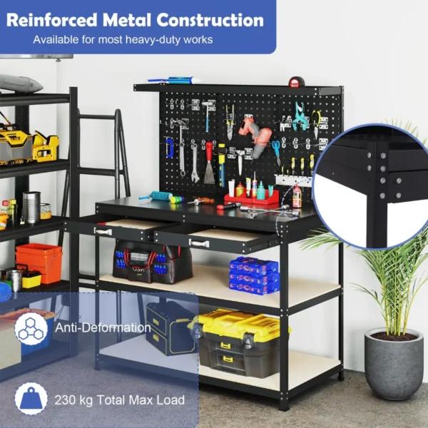 121 x 61 cm 230 kg stevige metalen werktafel met 3 geperforeerde panelen 24 ophangaccessoires voor thuis garage werkplaats zwart 6