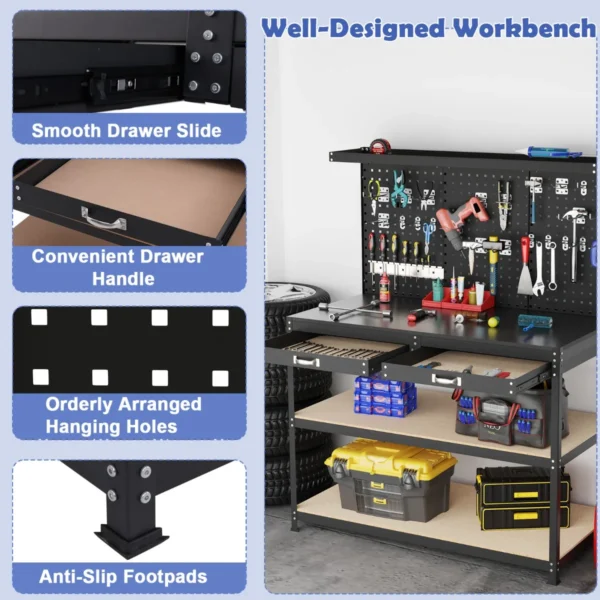 121 x 61 cm 230 kg stevige metalen werktafel met 3 geperforeerde panelen 24 ophangaccessoires voor thuis garage werkplaats zwart 7