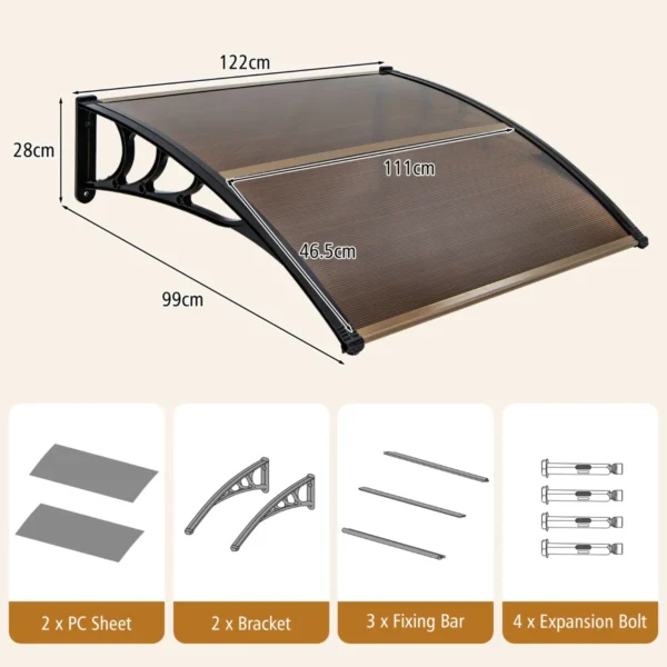 122 x 99 cm raam en deurluifel luifel voor huisdeur bescherming tegen zon/regen/sneeuw/wind polycarbonaat holle kernpaneel bruin 2