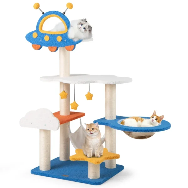124 cm krabpaal met ruimtethema ufo zitstok ruimtecapsule sisal krabpalen wolken en sterrenplatforms kattenkrabpaal blauw 2