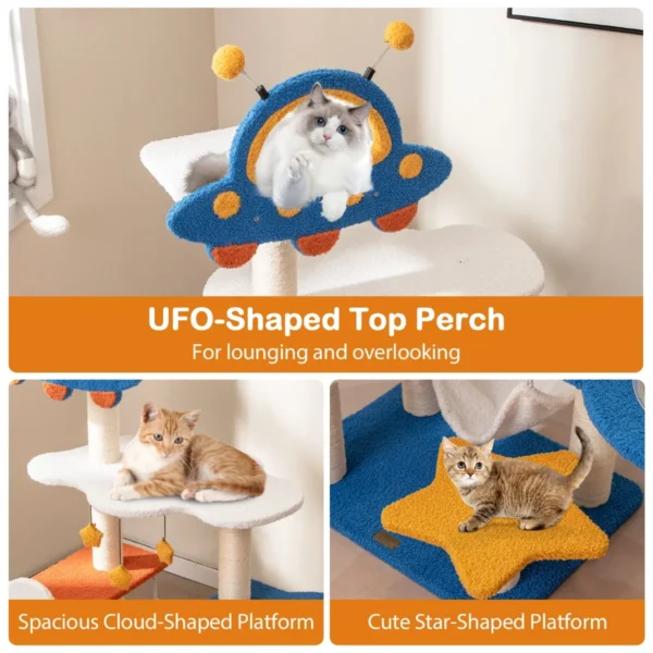 124 cm krabpaal met ruimtethema ufo zitstok ruimtecapsule sisal krabpalen wolken en sterrenplatforms kattenkrabpaal blauw 6