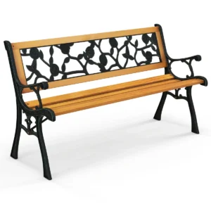 126 cm lange tuinbank parkbank met gegoten metalen frame en houten zitting ergonomische bank voor 3 personen natuur 1