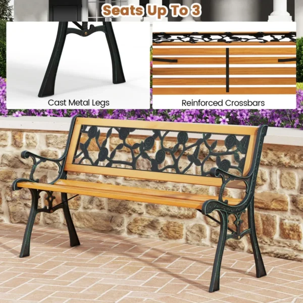 126 cm lange tuinbank parkbank met gegoten metalen frame en houten zitting ergonomische bank voor 3 personen natuur 3
