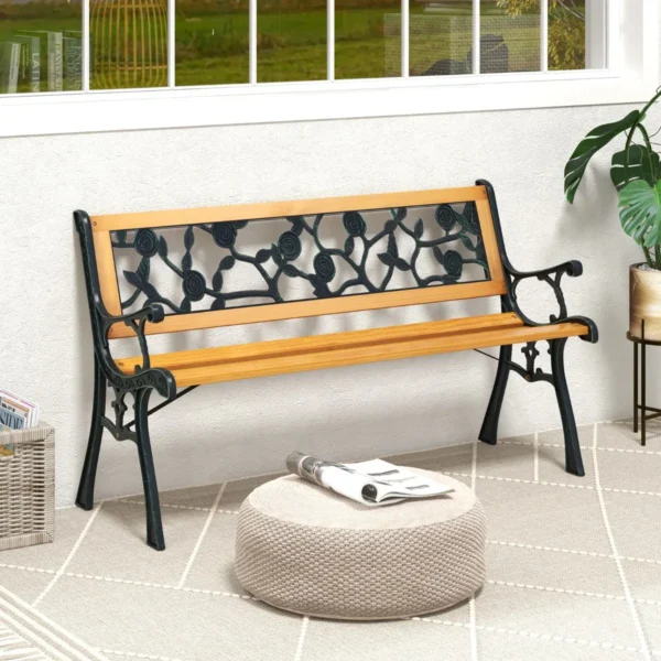 126 cm lange tuinbank parkbank met gegoten metalen frame en houten zitting ergonomische bank voor 3 personen natuur 6