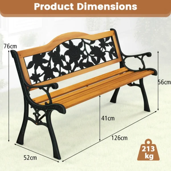 126 cm lange tuinbank parkbank met gegoten metalen frame en houten zitting ergonomische bank voor 3 personen voor tuin 2