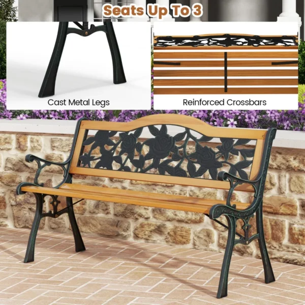 126 cm lange tuinbank parkbank met gegoten metalen frame en houten zitting ergonomische bank voor 3 personen voor tuin 4