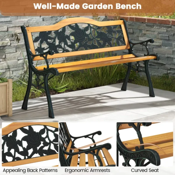 126 cm lange tuinbank parkbank met gegoten metalen frame en houten zitting ergonomische bank voor 3 personen voor tuin 5