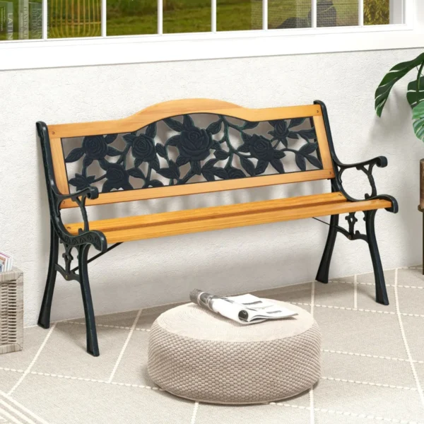 126 cm lange tuinbank parkbank met gegoten metalen frame en houten zitting ergonomische bank voor 3 personen voor tuin 6